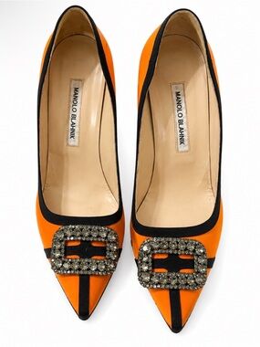 Manolo Blahnik Orange and Black Pointed Toe Pumps with Crystal Buckle
